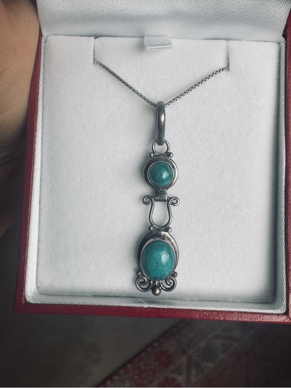 Vtg Native American Sterling Silver 925 Turquoise Double Drop PENDANT Filigree